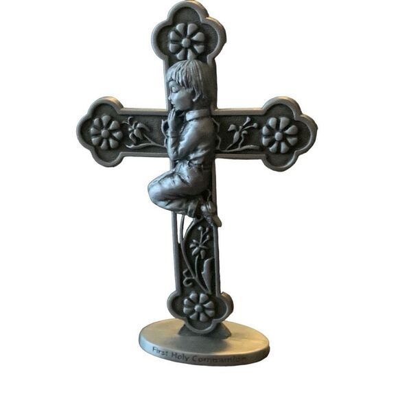 NEW Standing Pewter Cross Rustic Crucifix Praying Boy Cathedral Art NOS - Picture 1 of 12